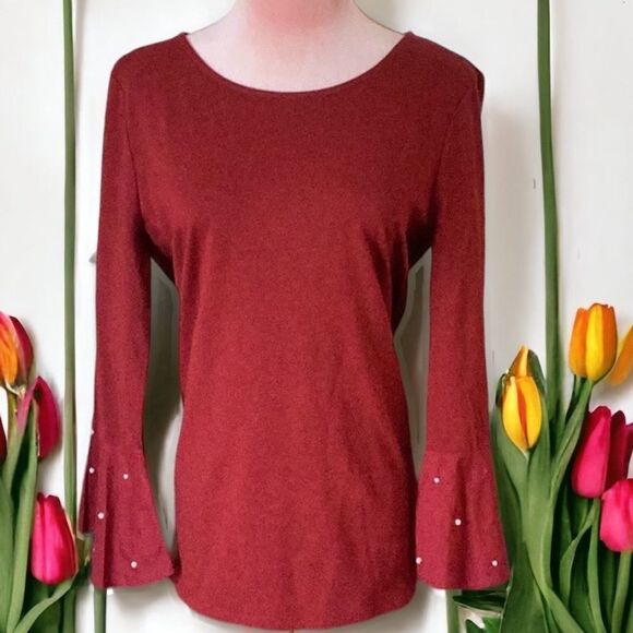 LOFT OUTLET NWT TOP BLOUSE PEARL DETAIL RUFFLE SLEEVES BURGUNDY MEDIUM - Picture 3 of 7